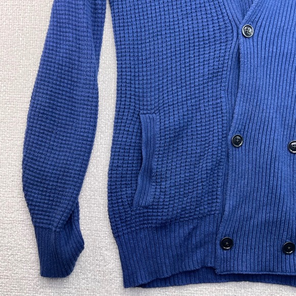 Gap‎ Men's L Tall Shawl Collar Cardigan Sweater Blue Waffle Knit Double Breasted - Picture 6 of 14
